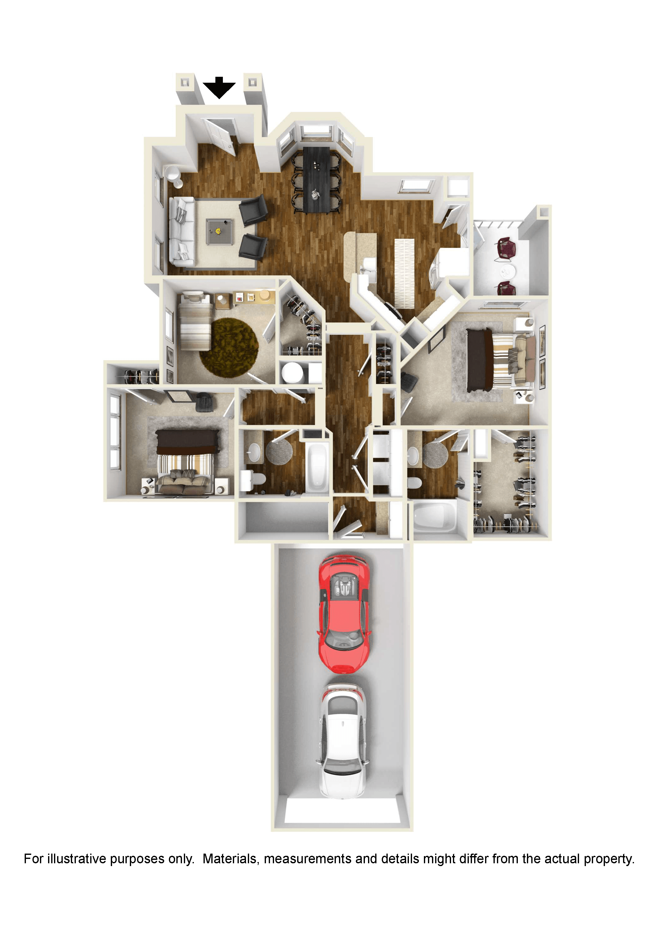 Floor plan for 3 beds, 2 baths, 1369 sqft